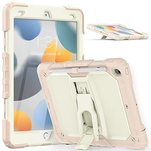 Funda para iPad de 10.2 Pulgadas 2021/2020/2019 con Soporte de Mango, Resistente a los Golpes, con Soporte para lápiz para iPad de 9ª Generación, Color Blanco y Rosa Claro