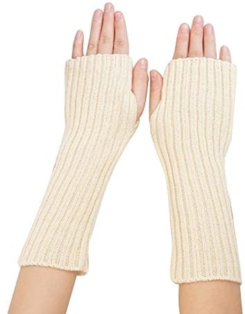 Suxgumoe Women Arm Warmers, Knitted Long Sleeve Fingerless Gloves Mittens Winter Wrist Warmers with Thumb Hole for Ladies Girls (A Beige)