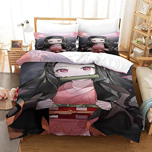 UNDERZY Kimetsu No Yaiba Bettbezug 3teilig Mikrofaser Bettwäsche Nezuko Kamado Bettbezüge Angenehm Betten Set Für Allergiker Geeignet Deckenbezug King（220x240cm） Mit 2 Kissenbezug