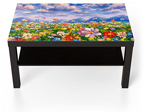DEQORI Glastisch | schwarz groß 90x50 cm | Motiv Blumenwiese und Berge | ausgefallener Beistelltisch aus Glas | Hochglanz Couchtisch fürs Wohnzimmer | moderner Couch Tisch mit Design