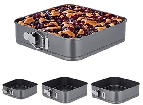 Relaxdays Moules à charnière, Lot de 4, carrés, 15, 18, 22, 26 cm, Acier Inoxydable, antiadhésif, Anthracite