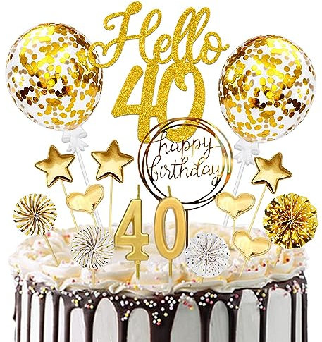 Tortendeko 40 Geburtstag Männer Frauen, 20 Pcs Tortendeko Gold Deko 40 Geburtstag, Cake Topper mit Geburtstagskerzen, für 40 Geburstagstorte Deko