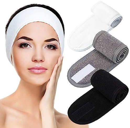 scicent Stirnband Mädchen 3 Stück Kosmetishe Haarband mit Klettverschluss SPA Headband Frottee Kopfschmuck für Duschen Make Up (Weiss,Schwarz, Grau), 1317