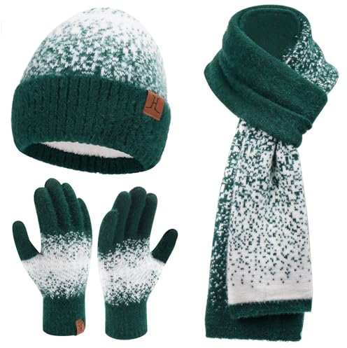 Damen Winter Warm Mütze Touchscreen Handschuhe und Lang Schal Set mit Fleece Gefütterte, Thermo Wintermütze Strickmütze Beanie Winterhandschuhe Strickhandschuhe Schals, Dunkelgrün Weiß