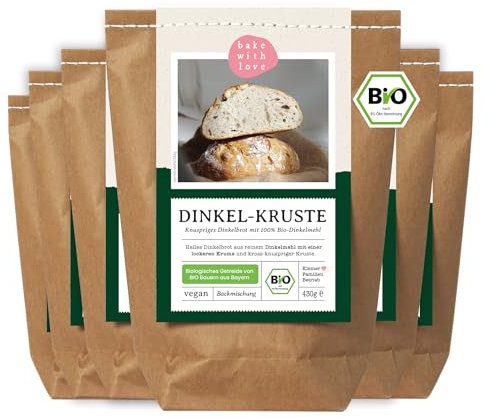 Bio Dinkel-Kruste Brotbackmischung - Backmischung Brot Dinkel ohne Weizen - Dinkelbrot backen - Brotbackautomat geeignet - Bake with Love - (6er Pack)