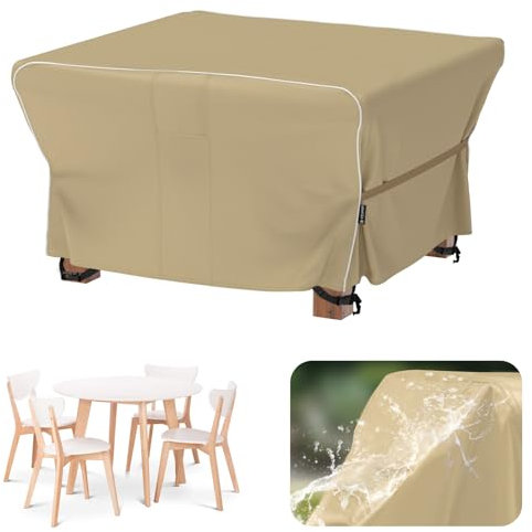 Velway Gartenmöbel Abdeckung Wasserdicht 125x125x74cm - Winddicht Schutzhülle mit Reflektierender Streifen 600D Oxford Möbelsets Abdeckung Staubfest Abdeckhauben für Gartentisch Sitzgruppe Khaki