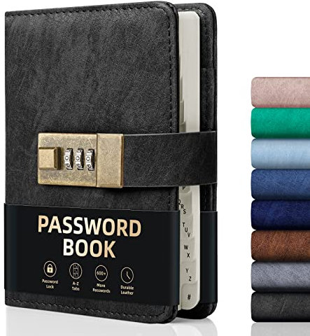 WEMATE Passwortbuch mit Schloss, Passwortbuch mit alphabetischen Registern, 600+ Passwortplatz, Logbuch mit Schloss