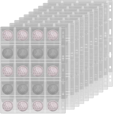 12 Blatt Münzen Aufbewahrung Münzsammlungsseiten, Münztasche für Münzalbum, 20 Fächer 43x48mm Münzhüllen Sammelalbum Münzblätter für Euro Sammlermünzen Silbermünzen Gedenkmünzen Marken Coin Penny