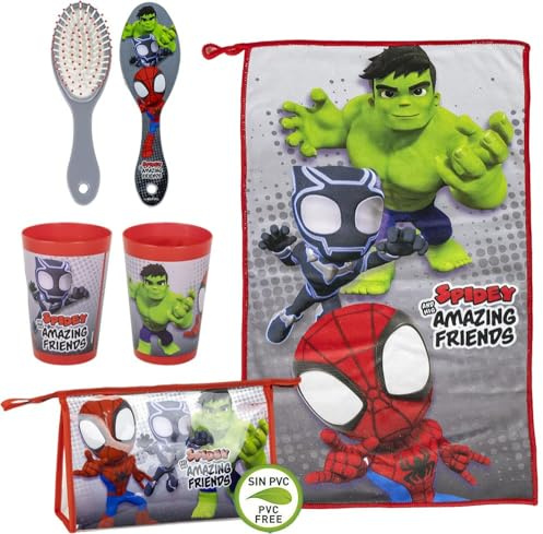 Stor 3-teiliges Kindergarten-Set von Marvel Spidey & Friends: Handtuch, Bürste und Becher in PVC-freiem Kosmetikkoffer