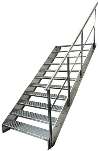 Kaminbau Mierzwa Premium Stahl Treppe mit Geländer rechts komplett Verzinkt / 11 Stufen (Breite 600 mm) (Höhe 209 cm) Wetterfest Gitterroststufe Gartentreppe