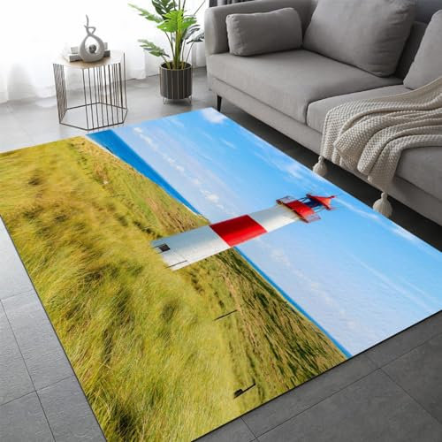 LEINEN Teppich Schlafzimmer Leuchtturm Kinderteppich Dekoration Carpets Moderne Stadt Teenager Kurzflor Flanell Teppiche rutschfeste Spielteppiche für Schlafzimmer Wohnzimmer 100x150 cm