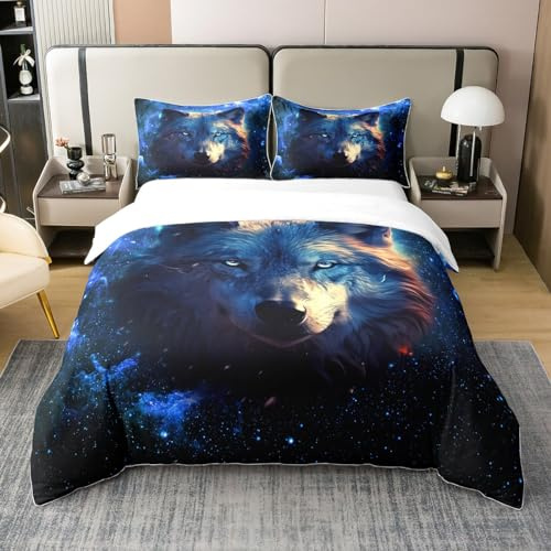 Wolf 100% Natur Baumwolle Bettbezug, Dschungel Wilde Tiere Abenteuer Bettwäsche Set für Schlafzimmer, Aquarell Blau Sternenhimmel Galaxy All Season Bettwäsche mit Reißverschluss Verschluss 135x200