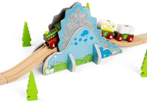 Bigjigs Rail Dino Riser Tunnel | Holz-Eisenbahn Zubehörset | Dinosaurier-Tunnel mit 2 ansteigenden & abfallenden Gleisstücken für Eisenbahnsets | Interaktives Spielzeug für Kinder, Jungen & Mädchen ab