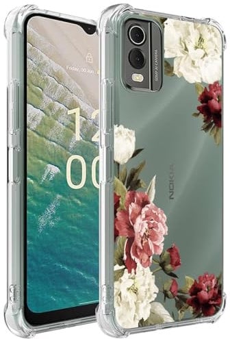 Jhxtech Phone Case for Nokia C32, Clear Floral Pattern Shockproof TPU Protective Cover