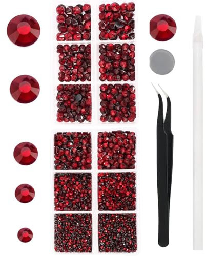 YHMQ DU 6616 Stück große rote Hot-Reparatur-Strasssteine, Kristallglas-Diamanten für Becher, Kleidung, Hemd, glänzend, flache Rückseite, rund, mit Pinzette und Aufnahmestift (Set SS6–SS30)