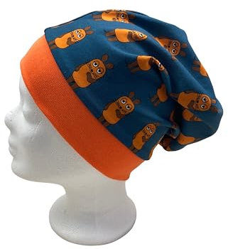 Beanie Mütze aus Baumwolljersey mit der Maus auf blau (gefüttert mit Baumwollfleece, Kopfumfang 50-55 cm)