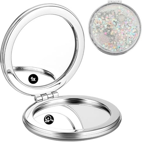 Molain Klappbarer Tragbarer Runder Zweiseitiger Schminkspiegel, Taschenspiegel Mit Vergrößerung, Niedlicher Kleiner Spiegel für Frauen Mädchen (Silber)