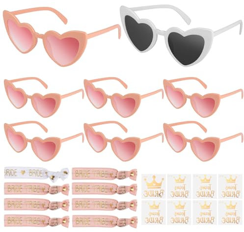 24 Stück JGA Sonnenbrille Armbänder Set, Junggesellenabschied Herz Brille mit 8 Team Braut Armbänder, Jungesellinnenabschied Frau Accessoires, Team Bride Armbänder Frauen für JGA Party Accessoires