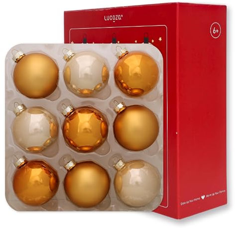 LUCOZA 9 Stück Glas Weihnachtskugeln, 65mm Weihnachtsschmuck, Aufhänge Christbaumkugeln Dekorationsset für Weihnachtsbaum, Feiertage, Party, Matte und Glänzende Schmuck, Bronze Champagner