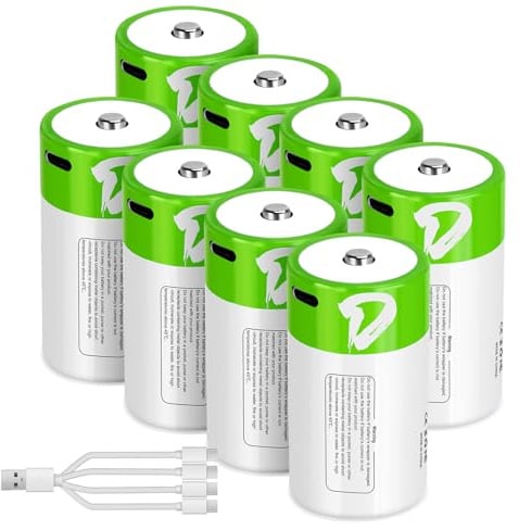 letoom D Batteries Rechargeable 8 Pack with4 in 1 USBC Charging Cable D Size Cell Lithium Batteries 7400mWh 1.5V for Flashlights, Toys, and Floodlights