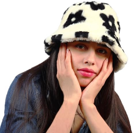 MILAKOO Winter Fuzzy Bucket Hat Cute Lovely Plüsch Pelz Fischer Cap Floral Patterned Dicke Warme Mütze für Frauen Schwarz