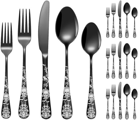 XIAOYU Set Posate 20 Pezzi Acciaio Inox Gotico Design Unico Halloween Teschio/Corvo/Fiore/Pipistrello