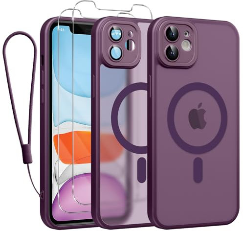 Phoona Magnetisch Hülle für iPhone 11 6,1 Zoll Kompatibel mit MagSafe, mit 2 Schutzfolie & 1 Handykette, Stoßfeste Kratzfeste Schutzhülle Dünne Handyhülle Durchscheinende Matte Case, Lila