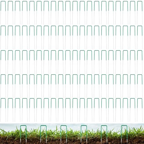 GBACHOOSE 100 Stück U-förmige Garten Heringe, Erdanker 15cm, Stabiler Erdanker, Unkrautvlies, Metall für Kunstrasen, Rasengitter, Zaun, Grün, Flaches Oberteil, Verzinkter Stahl