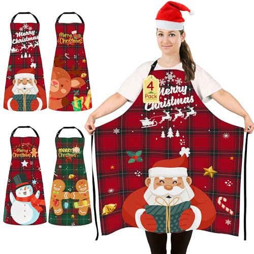 4 Piezas Delantal de Navidad de Gran Tamaño Divertido Delantal de Chef Ajustables para Mujeres y Hombres, Delantal de Cocina Impermeable para Cocina, Hornear, Fiesta de Navidad, Esposa Marido