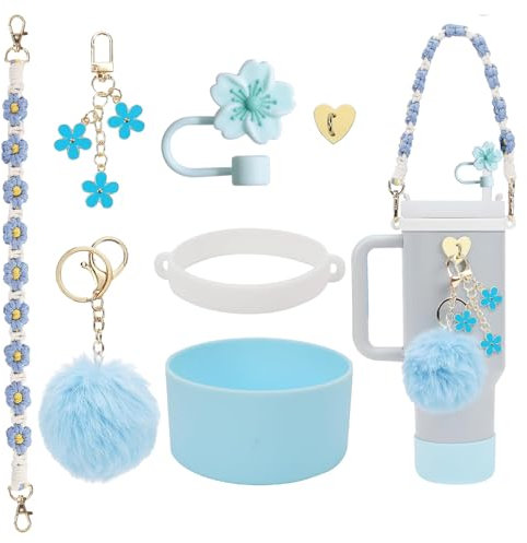 Stanley Cup Accessories Set, 7PCS Stanley Cup Decor Includes Stanley Straw Cover, Water Bottle Handle Strap, Silicone Stanley Cup Boot, Stanley Charms for Stanley Cup 40oz & 30 oz Tumbler, Blue