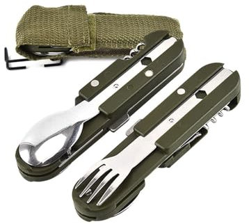 KGDUYC 2 Piezas Cubiertos para Camping 5 en 1, Cubiertos Plegables Acero Inoxidable, Cubiertos de Viaje Multifuncional con Cuchillo, Cuchara, Tenedor, Abrebotellas para Pícnic, Viajes, Senderismo