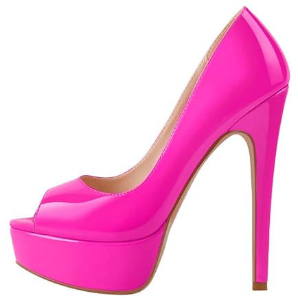 MissHeel Damen Peeptoes Plateau Pumps Elegante Stiletto High Heels für Büro Party Kleid Lack Optik Rosa EU 46