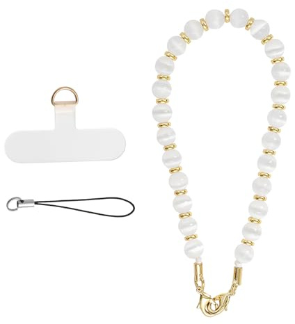MORSUNBELA Handykette Perlen Handschlaufe Handgelenk Handy Anhänger Weiß | 30,5 cm Perlenkette mit Patch, kompatibel mit Hartschalen-Handyhüllen, als Handy Charm oder Schlüsselband