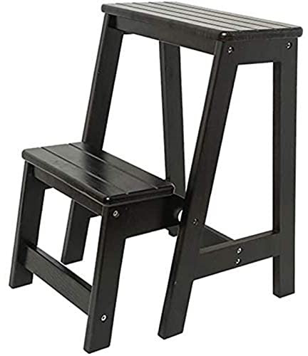 Solid Wood Step Stool Folding Step Ladder Chair Multifunctional Entrance Shoe Stool Library Home 2 Step Stool Flower Stand Black (Black)