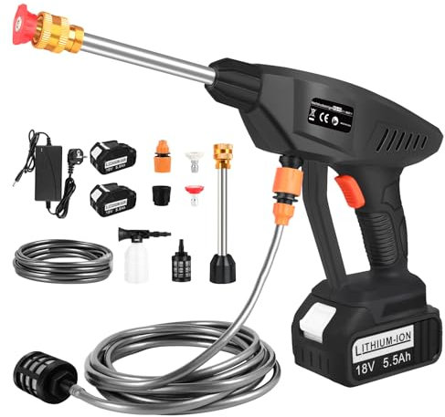 KEATFE Limpiador de alta presión con 2 baterías de 5500 mAh, boquilla de pulverización multifunción, pistola de alta presión portátil inalámbrica para coches, ventanas, césped, jardines, piscinas