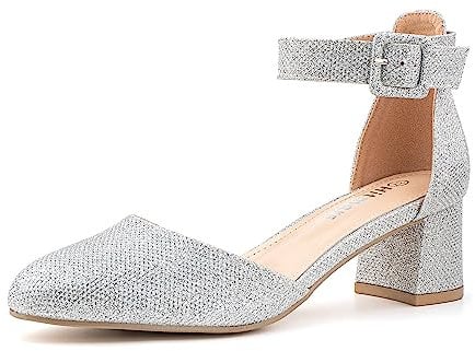 Hitmars Ladies Mid Heel Sandals Court Shoes for Women Low Block Heel Sandals Strappy Pumps Wedding Prom Party Elegant Ankle Strap Evening Silver UK 5