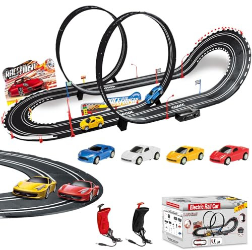 Losbenco SlotCar-Rennbahn-Sets mit 4 Hochgeschwindigkeits-Slot-Cars, 2 Elektrische Controller Kreisförmige Überbrückungsbahn, Geschenk-Spielzeug für Jungen und Mädchen im Alter von 6-12