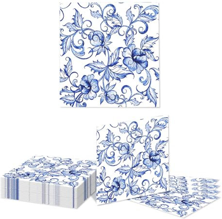 Kotkiddy 20 Stück Blaue Blumen Papier Blau-weißes Porzellanmuster Seidenpapier Servietten Blau Weiß Blumen Kunst Servietten für Geburtstag Dusche Hochzeitsfeier