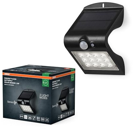 Osram ENDURA BUTTERFLY Solar-Flutlicht, schwarz, 1,5W, 200lm, Bewegungs- & Lichtsensor, Outdoor-Leuchte, Batterie aufladbar, umweltfreundlich, lange Lebensdauer, einfache Montage, IP65, 4000K
