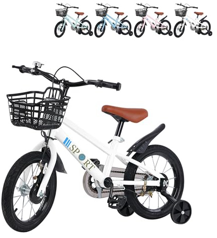 XUANYU Kinderfahrrad für 2 bis 8 Jahre mit Stützrädern, Laufrad mit Pedalen und Rücktritt, für Anfänger, Trekkingrad für Mädchen und Jungen (weiß, 12 Zoll)