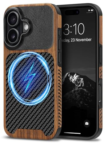 TENDLIN Magnetische Schutzhülle Kompatibel mit iPhone 17 Hülle Holz und Carbon Textur Design Leder Hybrid Handyhülle (Kompatibel mit MagSafe) Schwarz