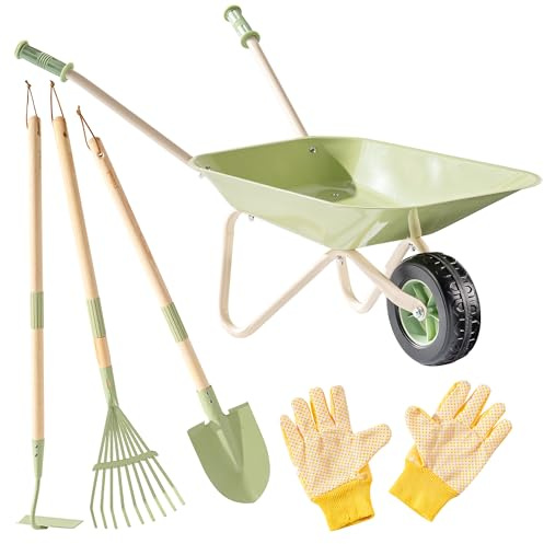 ROBUD Kids Wheelbarrow Gardening Set with Leaf Rake, Shovel, Hoe & Gloves, 6 PCS Garden Toys for Toddlers Age 3+, Outdoor Gardening Tools for Boy & Girls, Garden Gifts for Children, Green