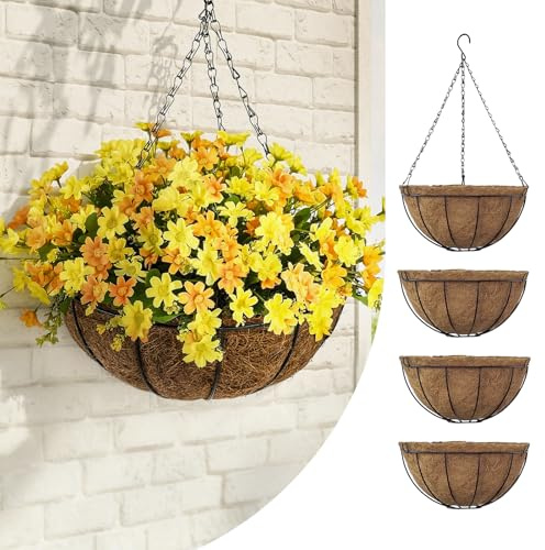 Bamworld 4 Pack 12 Inch Hanging Basket with Coco Liner and Chain, Metal Wire Hanging Plant Pot for Indoor Outdoor Garden Porch Balcony Christmas Hanging Basket Decoration, Holds up to 20 Lbs