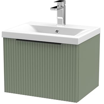 Balterley Vanity Unit with Basin Wall Hung, Single Drawer Soft Close with Mid Edge Sink and Handle, Bathroom Vanity Units with Basin, Fluted Front Sink Cabinet - 510 x 390 x 399mm (Green)