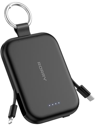 RORRY Portable Charger 5000mAh Power Bank with Built-in 2 Cables - Black | Travel Keychain Design,Charger Battery Pack for iPhone 17/16/15/14/13/12, for AirPods 2/3/4/Pro