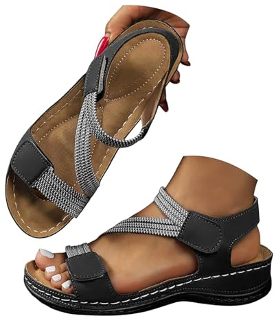 ziubauyke Orthopedic Sandals For Women Summer Arch Support Slip On Sandal Wide Fit Walking Platform Open Toe Sliders Adjustable Strap Wedge Sport Shoes Beach Outdoor Ladies Sandals Size 6 Uk
