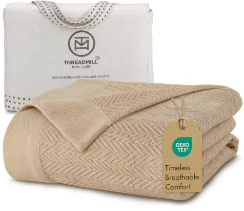 Threadmill Decke aus 100% Reiner Baumwolle, King-Size-Größe, Fischgrätenmuster, leicht, weich und gemütlich, Premium-Herbst-Überwurfdecke für alle Jahreszeiten, 350 g/m² und 106 x 92 cm, mit