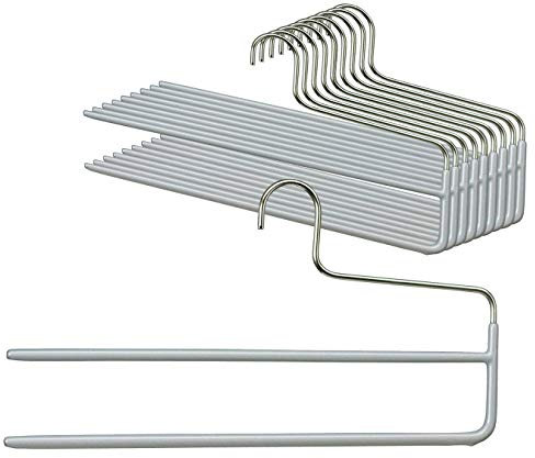 MAWA Kleiderbügel für Hosen, 10 Stück, platzsparende Hosenbügel mit Zwei Stegen, für Jeans, Stoffhosen und Anzughosen, hochwertige Antirutsch-Beschichtung, 35 cm, Silber