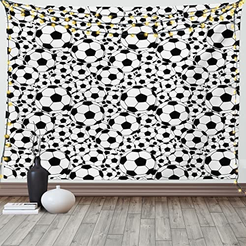 ABAKUHAUS Fußball Wandteppich und Tagesdecke, Monochrome Balls Jungen aus Weiches Mikrofaser Stoff Waschbar ohne Verblassen Digitaldruck, 230 x 140 cm, Schwarz Weiß
