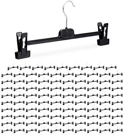 Relaxdays 100 x Hosenbügel Kunststoff, Klemmbügel verstellbar, drehbarer Metallhaken, Rockbügel, HxBxT: 14 x 36 x 3 cm, schwarz